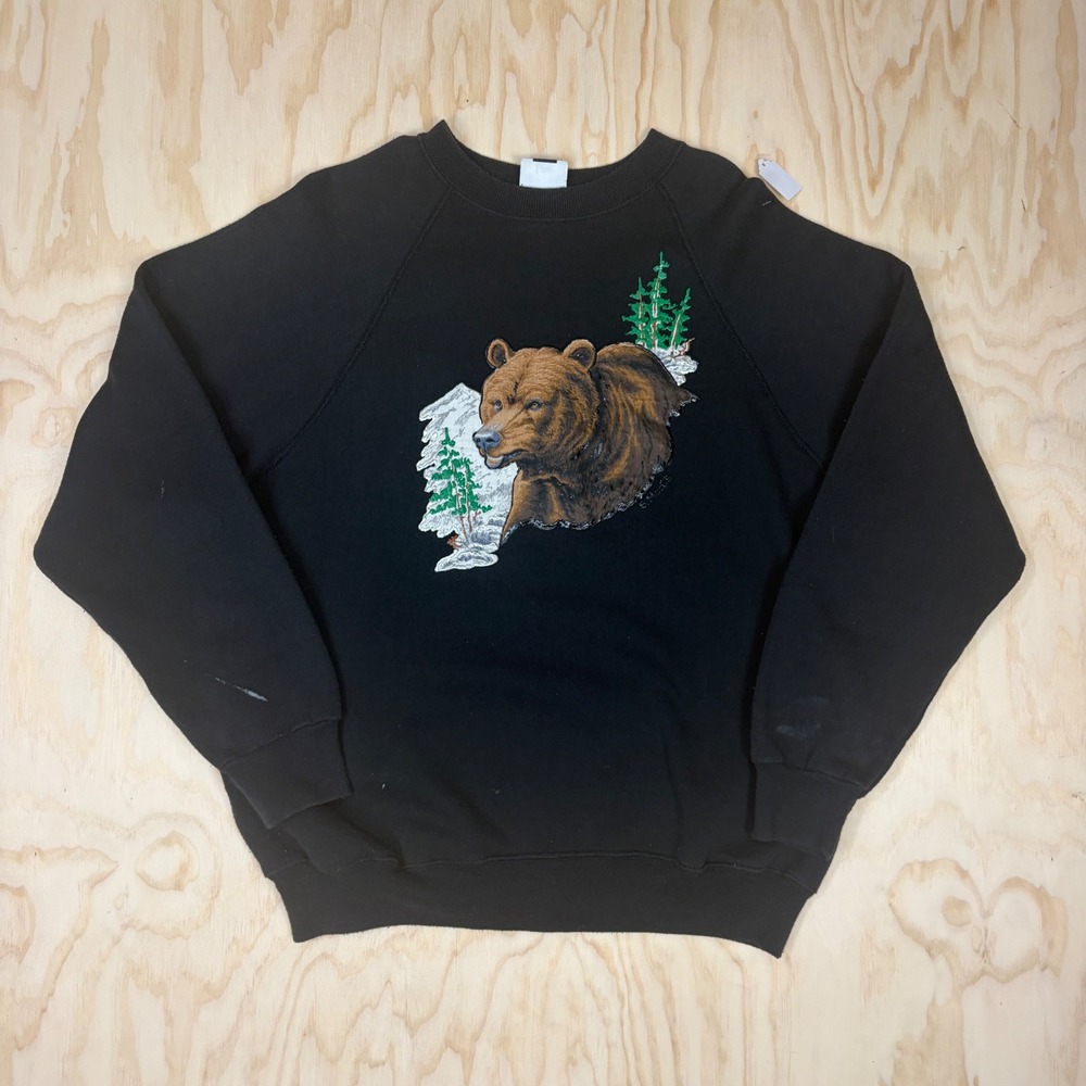 Vintage Lee Grizzly Bear Sweatshirt Black Made in USA Raglan Pullover 1X Large